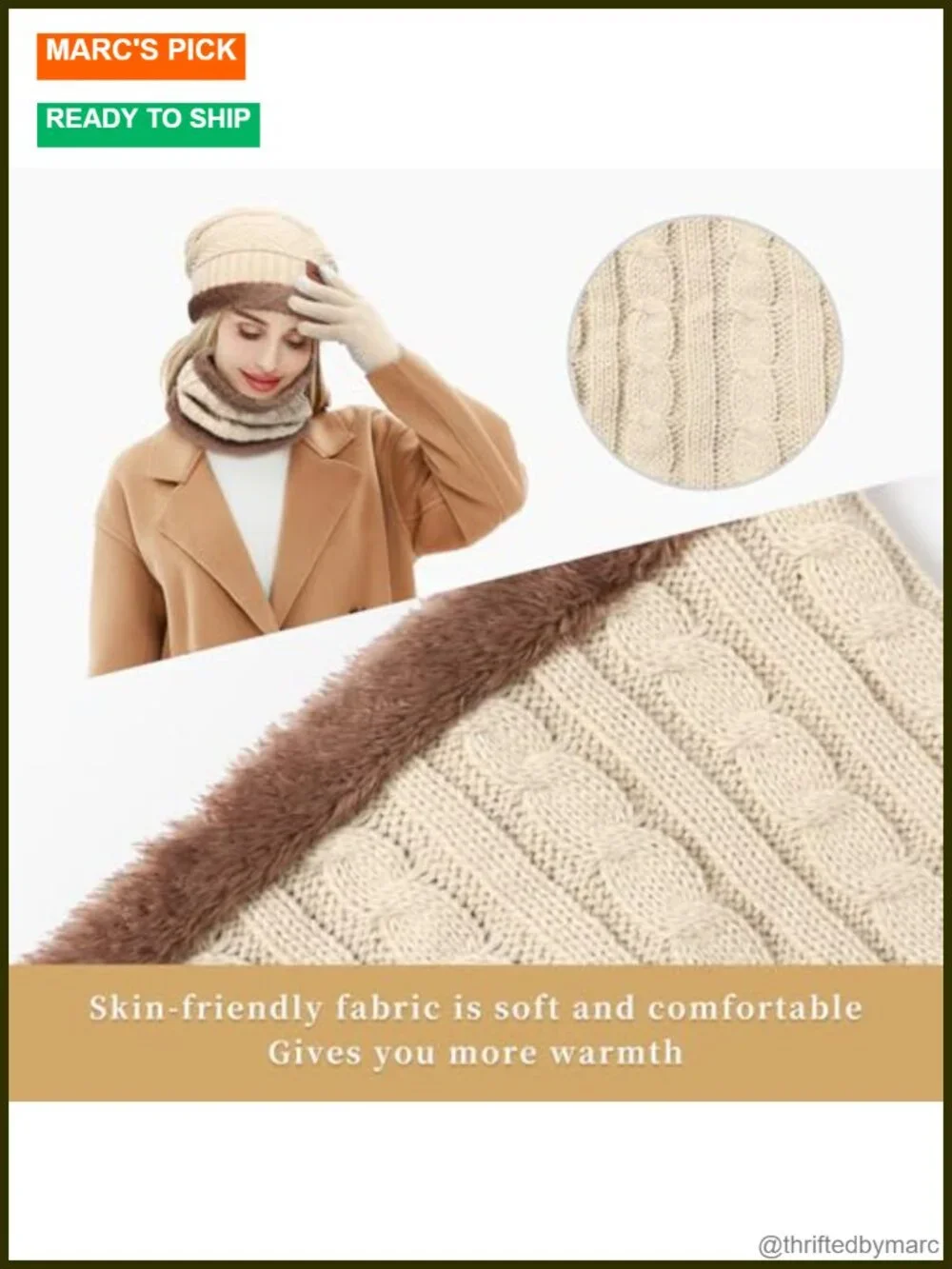 Winter Beanie Hat with Scarf and Touchscreen Gloves Set 3-Piece Fleece Lined